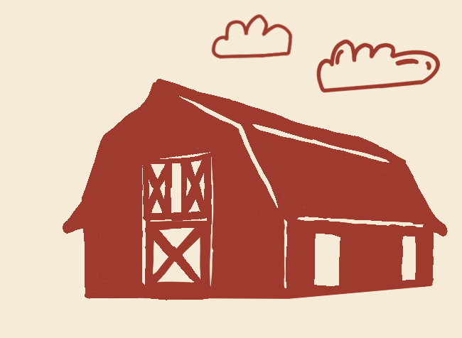 A red barn with two clouds